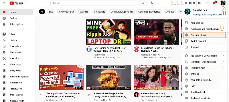 click on the youtube studio option from the menu
