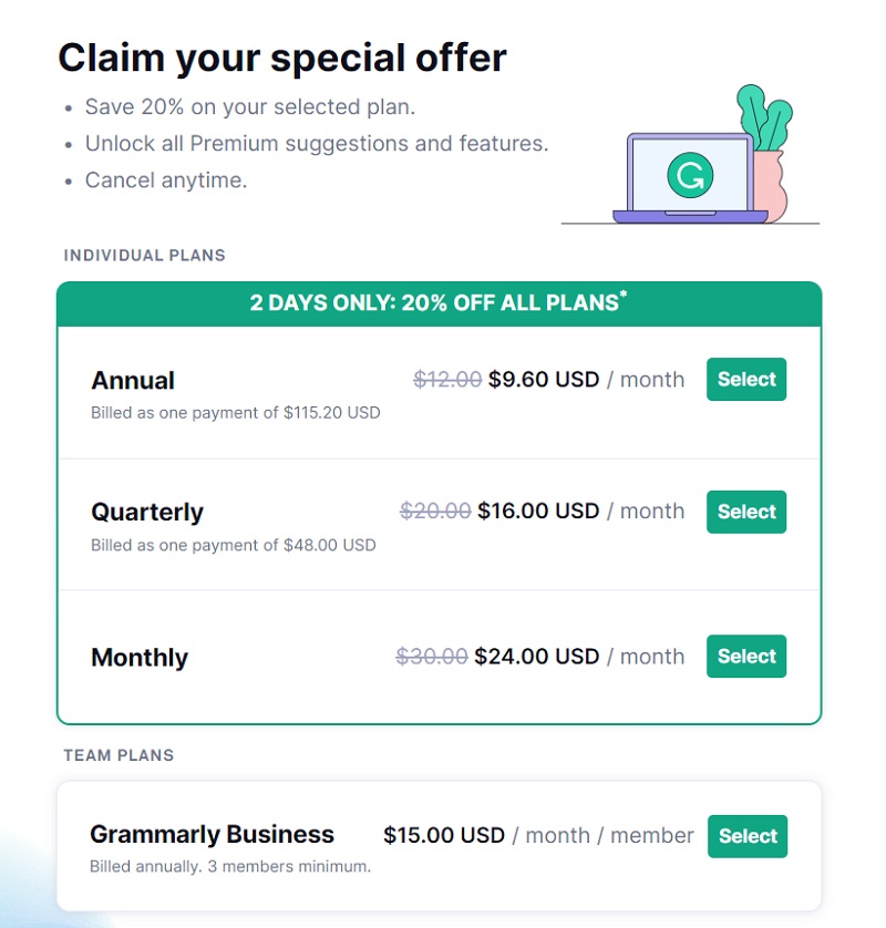 Grammarly special offerpricing